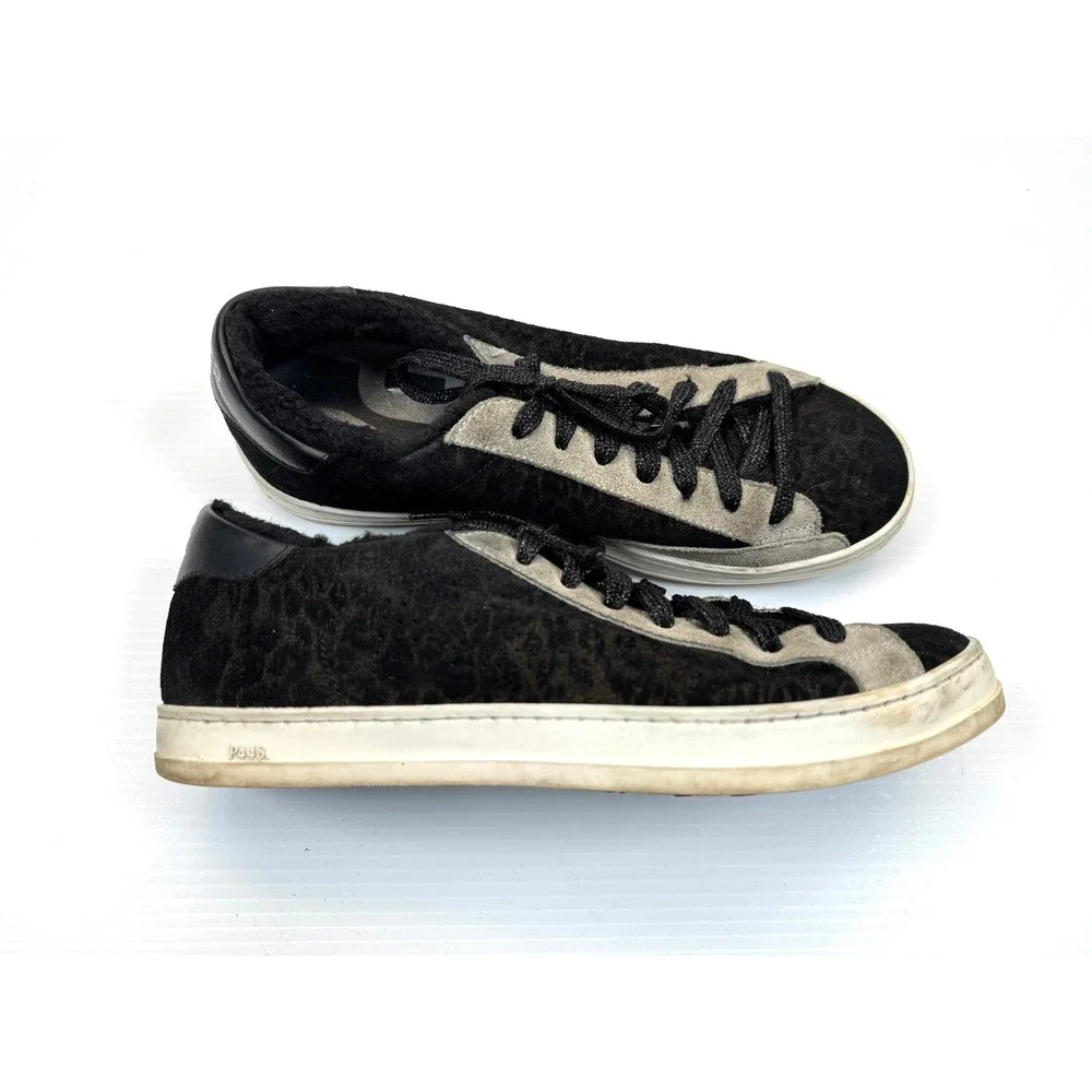 P448 John Leopard Faux Fur Lined Sneakers Women 39 US 8.5-9 Lace-up‎ Low Top
